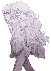  1boy akieru_nomaki carrying female hat long_hair macross macross_frontier monochrome piggyback purple_theme saotome_alto sheryl_nome sketch 