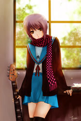  bad_id bad_pixiv_id bass_guitar black_thighhighs blue_sailor_collar blue_skirt closed_mouth cowboy_shot ely_(eeelyeee) female guitar highres indoors instrument kita_high_school_uniform long_sleeves looking_at_viewer nagato_yuki neck_ribbon photoshop_(medium) purple_hair red_ribbon ribbon sailor_collar scarf school_uniform serafuku short_hair signature skirt solo suzumiya_haruhi_no_yuuutsu thighhighs tissue tissue_box tissue_princess winter_uniform yellow_eyes zettai_ryouiki 