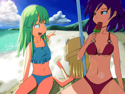  3girls barefoot beach bikini blonde_hair breasts cleavage cloud day food fruit green_hair hat highres kochiya_sanae long_hair medium_breasts moriya_suwako multiple_girls ocean outdoors popsicle purple_hair red_eyes short_hair small_breasts swimsuit tetsuji touhou watermelon watermelon_bar yasaka_kanako yellow_eyes 