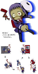  2girls anorak backpack bad_id bad_pixiv_id bag beret blood borrowed_character chibi crazy_eyes harukaze_unipo hat heterochromia highres multiple_girls open_mouth original purple_hair randoseru red_eyes school_uniform skirt vending_machine yukari-chan zombie 