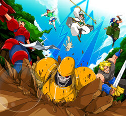  2boys 3girls armor baggy_pants blonde_hair blue_eyes cape closed_eyes cloud commentary_request everyone fingerless_gloves ginjirou_ibushi gloves glowing glowing_eyes green_eyes green_hair guardian_heroes hat helmet japanese_clothes knife knight lightning long_hair magic multiple_boys multiple_girls muscular nicole_neil ninja pants photoshop_(medium) rabbit randy_m_green red_hair redlark reverse_grip samuel_han serena_corsair shield short_hair skeleton skirt staff sword thighhighs undead_hero very_long_hair weapon 