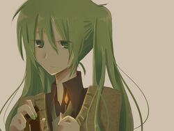  bad_id bad_pixiv_id female fire green_eyes green_hair green_nails hatsune_miku long_hair nail_polish necktie shari smile solo twintails vocaloid 