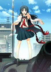  ahoge antenna_hair black_hair female flat_chest game_cg imageboard_desourced long_hair naginata non-web_source oki_kiki photoshop_(medium) polearm purple_eyes school_uniform solo sumaga tsuji_santa weapon 