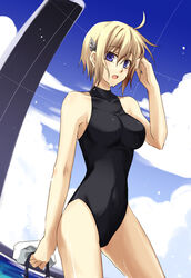  adjusting_hair ahoge bad_id bad_pixiv_id blonde_hair blue_eyes blush breasts cloud collarbone competition_swimsuit day female hair_ornament koukaku_no_regios kuruma_(rk) large_breasts nina_antalk one-piece_swimsuit open_mouth short_hair sky solo standing swimsuit wet 