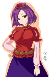  commentary_request female hair_ornament leaf_hair_ornament oekaki purple_hair red_eyes short_hair sketch solo tetsuji touhou translated yasaka_kanako 