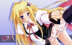  blonde_hair blush bug butterfly dragging dutch_angle female flower hair_ornament hairclip highres holding_hands imageboard_desourced kisaragi_mifuyu lace long_hair moekibara_fumitake non-web_source out_of_frame purple_eyes ribbon rose skirt solo_focus tayutama very_long_hair wet 