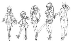  1boy 4girls greyscale mikage_baku monochrome multiple_girls original school_uniform serafuku sketch skirt thighhighs 