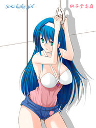  blue_eyes blue_hair blue_shorts breasts commentary_request female halterneck large_breasts niwatori_kokezou photoshop_(medium) shishidou_takane short_shorts shorts solo sora_wo_kakeru_shoujo 