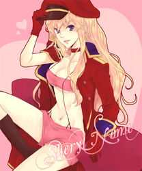  akieru_nomaki blonde_hair breasts cleavage female hat heart large_breasts long_hair macross macross_frontier midriff navel photoshop_(medium) sheryl_nome solo 