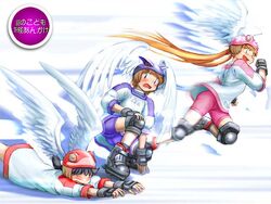  3girls alien_nine bike_shorts borg_(alien_nine) inline_skates jumping kawamura_kumi multiple_girls ootani_yuri racing roller_skates skates tomine_kasumi youkai_ankake 