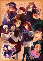  3boys 6+girls amakusa_juuza back beatrice_(umineko) beret black_legwear blonde_hair blue_eyes blue_hair blush brown_eyes brown_hair cat_tail chibi closed_eyes commentary_request dress elbow_gloves eva_beatrice facial_hair flower food frederica_bernkastel frills gloves hair_bobbles hair_ornament hanokage hat heart highres hime_cut jacket lambdadelta long_hair monocle moustache multiple_boys multiple_girls necktie okaasan_to_issho one_eye_closed orange_eyes orange_hair pink_hat pink_necktie pumpkin purple_eyes red_hair ribbon ronove_(umineko) rose short_hair spoo striped_clothes striped_thighhighs sumadera_kasumi tail thighhighs twintails umineko_no_naku_koro_ni ushiromiya_ange ushiromiya_battler ushiromiya_rosa white_hair 