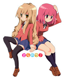  2girls aisaka_taiga black_socks black_thighhighs holding_hands kushieda_minori long_hair multiple_girls sasago_kaze sitting socks thighhighs toradora! 