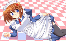  apron black_thighhighs blue_eyes brown_hair clothes_lift commentary_request dress dress_lift female hair_ornament hairband highres lask lifting_own_clothes lyrical_nanoha mahou_shoujo_lyrical_nanoha_strikers maid short_hair solo thighhighs x_hair_ornament yagami_hayate 