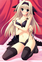  absurdres bed black_thighhighs blonde_hair blue_eyes blush bra breast_hold breasts cleavage female highres kanou_seia large_breasts lingerie long_hair navel non-web_source panties side-tie_panties solo stellar_theater suzuhira_hiro thighhighs underwear underwear_only 