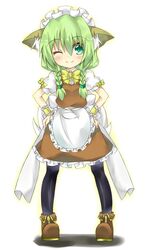  animal_ears braid female fox_ears green_hair hands_on_own_hips maid one_eye_closed original pantyhose saitou_kon shingetsu_takehito solo twintails wrist_cuffs 