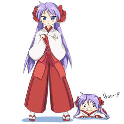  bow closed_mouth crossed_arms female full_body hairbow hakama hakama_skirt hiiragi_kagami japanese_clothes kagamin_boo legs_apart long_hair long_sleeves looking_at_viewer lucky_star miko pig purple_eyes purple_hair red_bow red_hakama simple_background skirt smile solid_circle_eyes solo standing takahashi_ren tsurime twintails white_background 