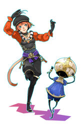  adventurer_(ff11) artist_request automaton_(final_fantasy) black_footwear black_gloves black_headwear blue_eyes blue_outline boots cat_girl cat_tail closed_mouth facial_mark female final_fantasy final_fantasy_xi full_body gloves hat jewelry leg_up mithra_(ff11) multiple_rings orange_hair outline painttool_sai_(medium) puppet puppetmaster_(final_fantasy) purple_sash ring sash short_hair simple_background smile solo_focus standing standing_on_one_leg tail thigh_boots whisker_markings white_background 