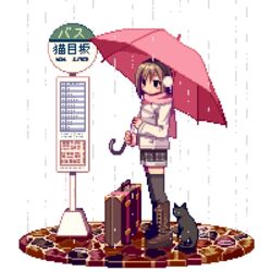  animated animated black_thighhighs boots bus_stop earmuffs feline female full_body knee_boots lowres original pink_scarf pixel_art rain scarf solo suitcase thighhighs tozaki_makoto transparent_background umbrella 