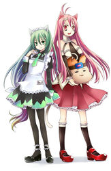  2girls animal_ears cat_ears copyright_request green_eyes green_hair long_hair maid momoyama_nozomu multiple_girls pantyhose pink_eyes pink_hair tail 