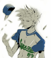  1boy artist_request baseball_cap blonde_hair hat male_focus one_outs red_eyes shirt short_sleeves simple_background solo t-shirt tokuchi_toua upper_body white_background wind 