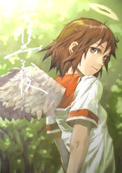  abe_yoshitoshi angel angel_wings brown_eyes brown_hair feathered_wings female haibane_renmei halo highres looking_back messy_hair orange_sailor_collar photoshop_(medium) rakka_(haibane) sailor_collar solo static_cling traditional_halo wings 