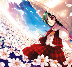  ascot blush female field fisheye flower flower_field green_hair head_tilt kazami_yuuka light_smile nature outdoors parasol petals plaid plaid_skirt plaid_vest red_eyes short_hair skirt skirt_set sky solo tamaki_fuyu touhou umbrella vest 