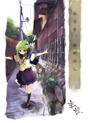  alley alternate_costume bag bare_arms black_socks blouse brown_footwear circle day female fence frog_hair_ornament green_hair hair_ornament hair_tubes hamayumiba_sou hopscotch house jumping kneehighs kochiya_sanae lamppost loafers long_hair looking_down neckerchief outdoors outstretched_arms pavement plant power_lines puddle purple_skirt school_bag school_uniform serafuku shirt shoes short_sleeves shoulder_bag sidelocks skirt sky socks solo spread_arms standing standing_on_one_leg stone_wall touhou utility_pole wall wet_floor white_shirt wooden_fence yellow_neckerchief 