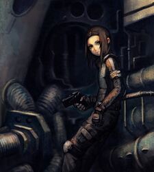  bad_id bad_pixiv_id biomega brown_hair female gun nishu_mizunoe oguchi sewer solo weapon 