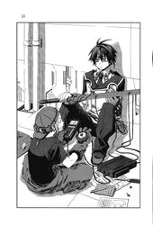  2boys baseball_cap full_body greyscale harley_sutton hat highres indian_style indoors koukaku_no_regios layfon_alseif long_sleeves male_focus miyuu monochrome multiple_boys necktie sitting spread_legs 