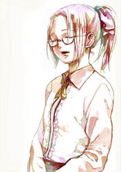  artist_request closed_eyes female glasses haibane_renmei hikari_(haibane) open_mouth solo white_background 