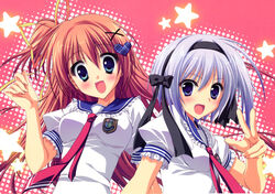  2girls :d absurdres blue_eyes blue_hair blush hair_ornament hair_ribbon hairband hairpin heart heart_hair_ornament highres hinata_ibuki hoshizora_e_kakaru_hashi long_hair looking_at_viewer multiple_girls nakatsugawa_ui necktie open_mouth orange_hair palms ribbon ruton-niki ryouka_(suzuya) school_uniform short_hair smile star_(symbol) upper_body w 