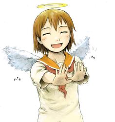  angel brown_hair closed_eyes dress female haibane_renmei halo hands naotan orange_sailor_collar rakka_(haibane) sailor_collar short_hair smile solo wings 