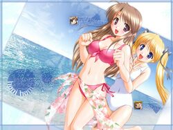  2girls bekkankou bikini blonde_hair blue_eyes blush breasts brown_eyes brown_hair cleavage covered_navel front-tie_top fujieda_honami imageboard_desourced large_breasts long_hair looking_at_viewer medium_breasts multiple_girls navel non-web_source ocean open_mouth pink_sarong print_sarong sarong shibugaki_matsuri side-tie_bikini_bottom smile swimsuit thigh_gap tsuki_wa_higashi_ni_hi_wa_nishi_ni twintails 