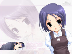  blue_eyes blue_hair blush female fujiwara_warawara imageboard_desourced katsurazawa_honami non-web_source overalls projected_inset short_hair translation_request yunohana 