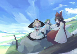  3girls :o alternate_costume apron ascot bare_shoulders black_bow black_hat black_skirt blonde_hair blue_skirt bow braid branch brown_eyes brown_hair collared_shirt day detached_sleeves eyebrows field frilled_apron frills frog_hair_ornament gohei grass green_eyes green_hair hair_ornament hair_tubes hairbow hakurei_reimu hat hat_bow kirisame_marisa kochiya_sanae leaf long_sleeves looking_at_viewer medium_hair multiple_girls outdoors pink_bow red_bow red_eyes red_ribbon red_shirt red_skirt ribbon ribbon-trimmed_sleeves ribbon_trim rock shirt short_hair single_braid sitting sitting_on_rock skirt sky sleeves_past_wrists snake_hair_ornament snow takanashi_akihito touhou tree v_arms white_shirt white_sleeves witch_hat yellow_ascot 