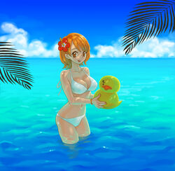  bangle biafura bikini bracelet breasts cleavage commentary_request day female flower hair_flower hair_ornament hibiscus jewelry large_breasts nail_polish nami_(one_piece) ocean one_piece orange_eyes orange_hair orange_nails outdoors palm_leaf rubber_duck shade short_hair solo swimsuit wading water white_bikini 