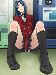  black_socks blue_hair breasts commentary_request covering_crotch covering_privates feet female full_body hands kawashima_ami legs long_hair looking_at_viewer medium_breasts naughty_face nazo_kichi oohashi_high_school_uniform photoshop_(medium) school_uniform sitting skirt socks solo toes toradora! vending_machine 