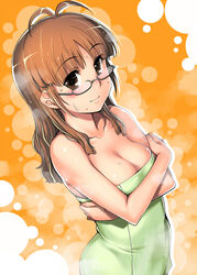  akizuki_ritsuko antenna_hair bare_shoulders breasts brown_eyes brown_hair cleavage commentary_request female glasses idolmaster idolmaster_(classic) idolmaster_1 large_breasts long_hair naked_towel seki_suzume smile solo towel wet 