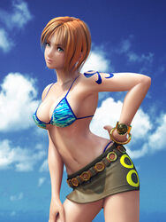  3d armpits bare_shoulders belt bikini bikini_top_only breasts cleavage cloud day female green_eyes incise_soul m-rs medium_breasts miniskirt nami_(one_piece) navel official_alternate_costume one_piece orange_hair short_hair skirt solo string_bikini swimsuit tattoo 