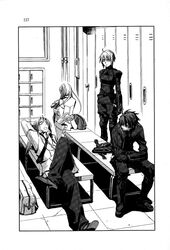  2boys 2girls arms_up couch dress_shirt felli_loss full_body greyscale highres koukaku_no_regios layfon_alseif long_sleeves lying miyuu monochrome multiple_boys multiple_girls necktie nina_antalk on_back pants police police_uniform sharnid_elipton shirt short_hair spread_legs standing table uniform 