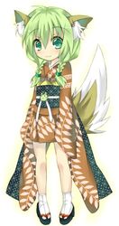  animal_ears braid female fox_ears fox_tail green_hair japanese_clothes kimono orange_kimono original saitou_kon shingetsu_takehito solo tail 