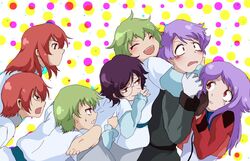  2girls 5boys anew_returner aucie bring_stabity commentary_request divine_nova everyone green_hair gundam gundam_00 hilling_care innovators_(gundam_00) long_hair mamotte_shugogetten! multiple_boys multiple_girls parody purple_eyes purple_hair red_eyes red_hair regene_regetta revive_revival ribbons_almark short_hair 