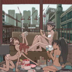  4girls :p :t all_fours amami_haruka antenna_hair back balcony bandeau bare_back bare_shoulders barefoot bikini black_hair blunt_bangs bottle bow bowl box brown_hair building cake cake_slice candy city commentary_request construction couch crane_(machine) cup dark-skinned_female dark_skin doughnut drink drinking_glass eating feet flat_chest food food_in_mouth frilled_bikini frills ganaha_hibiki gelatin grey_bikini hairbow halterneck highres holding holding_food ice_cream ice_cream_cone idolmaster idolmaster_(classic) idolmaster_1 indoors jar kikuchi_makoto knees_up konpeitou licking licking_finger long_hair looking_at_viewer lying macaron midriff miura_azusa mouth_hold multiple_girls on_back on_couch open_mouth pastry pink_bikini plate ponytail popsicle quadruple_scoop reaching red_hair short_hair sitting soda soda_bottle spatula stack strapless strapless_bikini swimsuit swiss_roll takatsuki_yayoi tongue tongue_out tube_top tugeneko twintails wariza white_bikini 