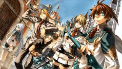  2girls 3boys ahoge aqua_eyes belt blonde_hair blue_eyes boots brown_hair felli_loss frilled_skirt frills gloves green_eyes gun harley_sutton jpeg_artifacts koukaku_no_regios layfon_alseif long_hair miyuu multiple_boys multiple_girls necktie nina_antalk sharnid_elipton short_hair silver_hair skirt sword thighhighs uniform very_long_hair weapon zettai_ryouiki 