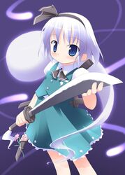  bad_id bad_pixiv_id black_hairband blue_eyes female hairband hitodama holding holding_sword holding_weapon kagura_yuuki konpaku_youmu konpaku_youmu_(ghost) solo sword touhou weapon 