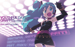  alternate_hairstyle aqua_eyes aqua_hair armpits bad_id bad_pixiv_id belt bracelet collar disco dress elbow_gloves female gloves hatsune_miku headset highres jewelry kanzaki_hiro long_hair open_mouth photoshop_(medium) side_ponytail solo vocaloid youthful_days&#039;_graffiti_(vocaloid) 