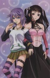  2girls artist_request blue_eyes brown_hair candy food lollipop long_hair multiple_girls nail_polish purple_hair red_eyes red_nails rosario+vampire shirayuki_mizore short_hair striped_clothes striped_thighhighs thigh_strap thighhighs toujou_ruby 