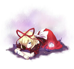  bad_link blonde_hair blue_eyes crossed_arms doll_joints dress expressionless female full_body hair_ribbon joints kiji_(manekinuko-tei) lying medicine_melancholy on_stomach red_dress red_ribbon ribbon short_hair solo touhou 