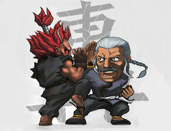  2boys akuma_(street_fighter) battle beads braid chibi chinese_clothes commentary crossover dougi duel facial_hair fingerless_gloves g_gundam gloves glowing glowing_eyes grey_hair gundam male_focus master_asia moustache multiple_boys old old_man photoshop_(medium) prayer_beads red_hair sandals sash street_fighter tomnic topknot torn_clothes 