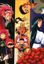  1990s_(style) 1boy 3girls artist_request black_hair blonde_hair brown_eyes cabbit carrot character_doll closed_eyes curtained_hair green_eyes green_hair hair_slicked_back hairband hakubi_washuu headband kuramitsu_mihoshi long_hair makibi_kiyone masaki_tenchi multiple_girls red_hair retro_artstyle ryou-ouki scan scan_artifacts spiked_hair tenchi_muyou! tenchi_muyou!_uchuu_hen very_long_hair 